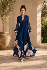 Sheer Sleeve Pleated Maxi Dress