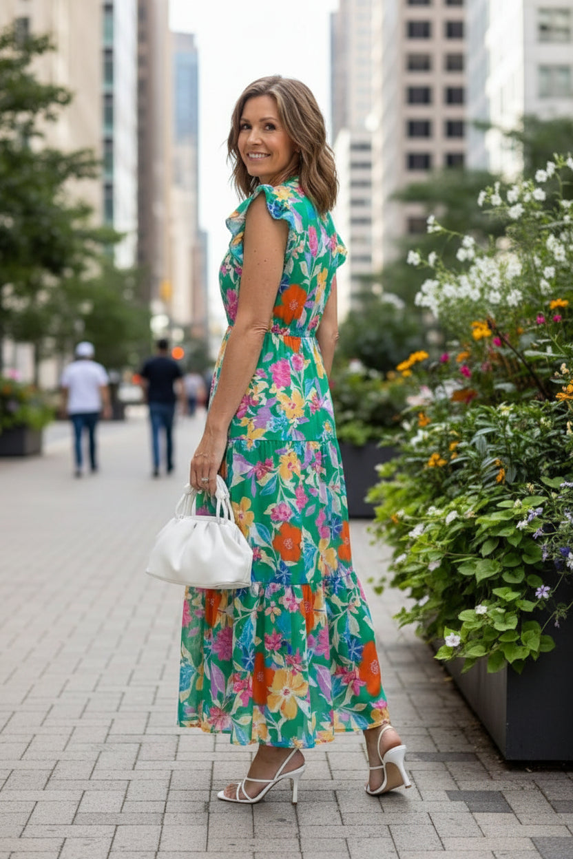 Floral V-Neck Tiered Midi Dress