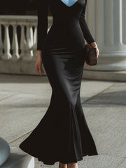Contrast Collar Long-Sleeve Mermaid Gown