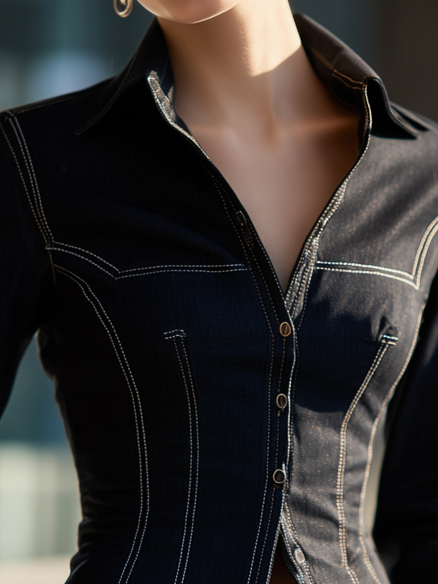 Chic Denim Style Blazer Shirt With Contrast Stitching