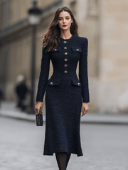Navy Tweed Midi Dress With Embellished Buttons
