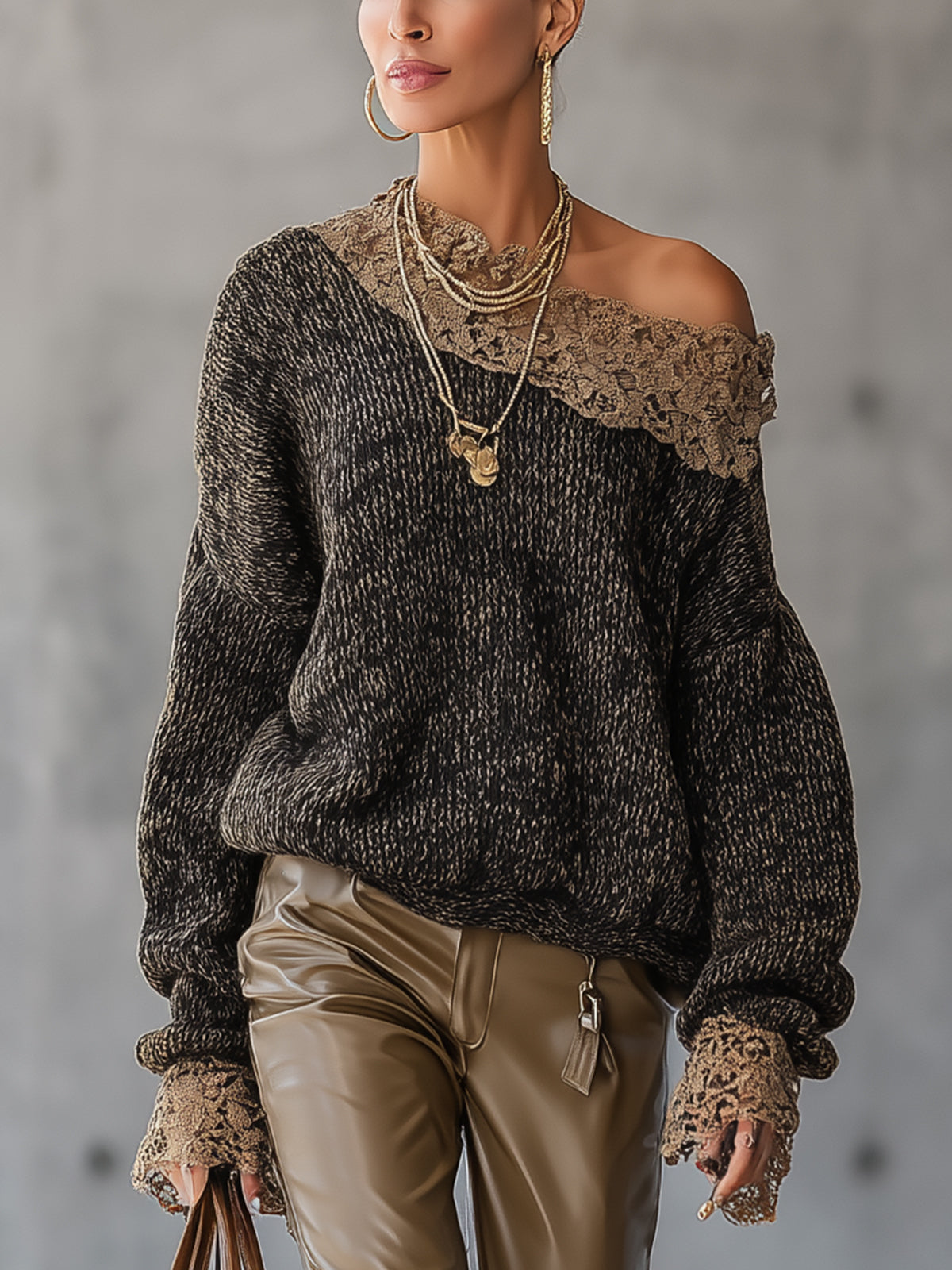 Black Knit Off-Shoulder Lace Trim Sweater