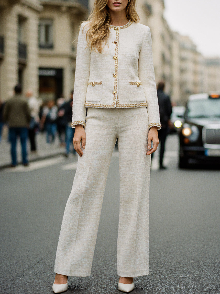 Ivory Tweed Wide-Leg Suit Set With Gold Trim