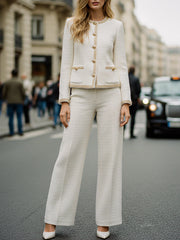 Ivory Tweed Wide-Leg Suit Set With Gold Trim