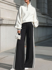 Chic Monochrome Half-Zip Sweatshirt & Wide-Leg Trouser Set