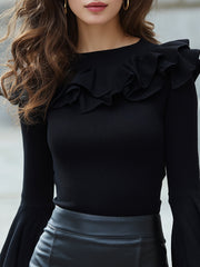 Ruffled Neckline Long-sleeve Top