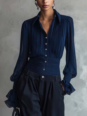 Navy Pleated Button-Up Blouse With Ruffled Cuff Sleeves