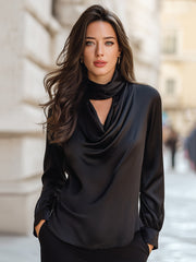 Elegant Satin Draped High-Neck Blouse