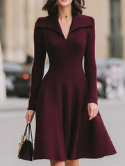 Burgundy Knit Collared V-Neck A-Line Midi Dress