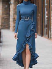 Asymmetric Ruffled Denim Maxi Dress With Belt