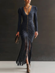 Midnight pleated tassel V-neck fitted button Bodycon Dress