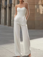 Pearl-Embellished Sheer Bodice White Jumpsuit