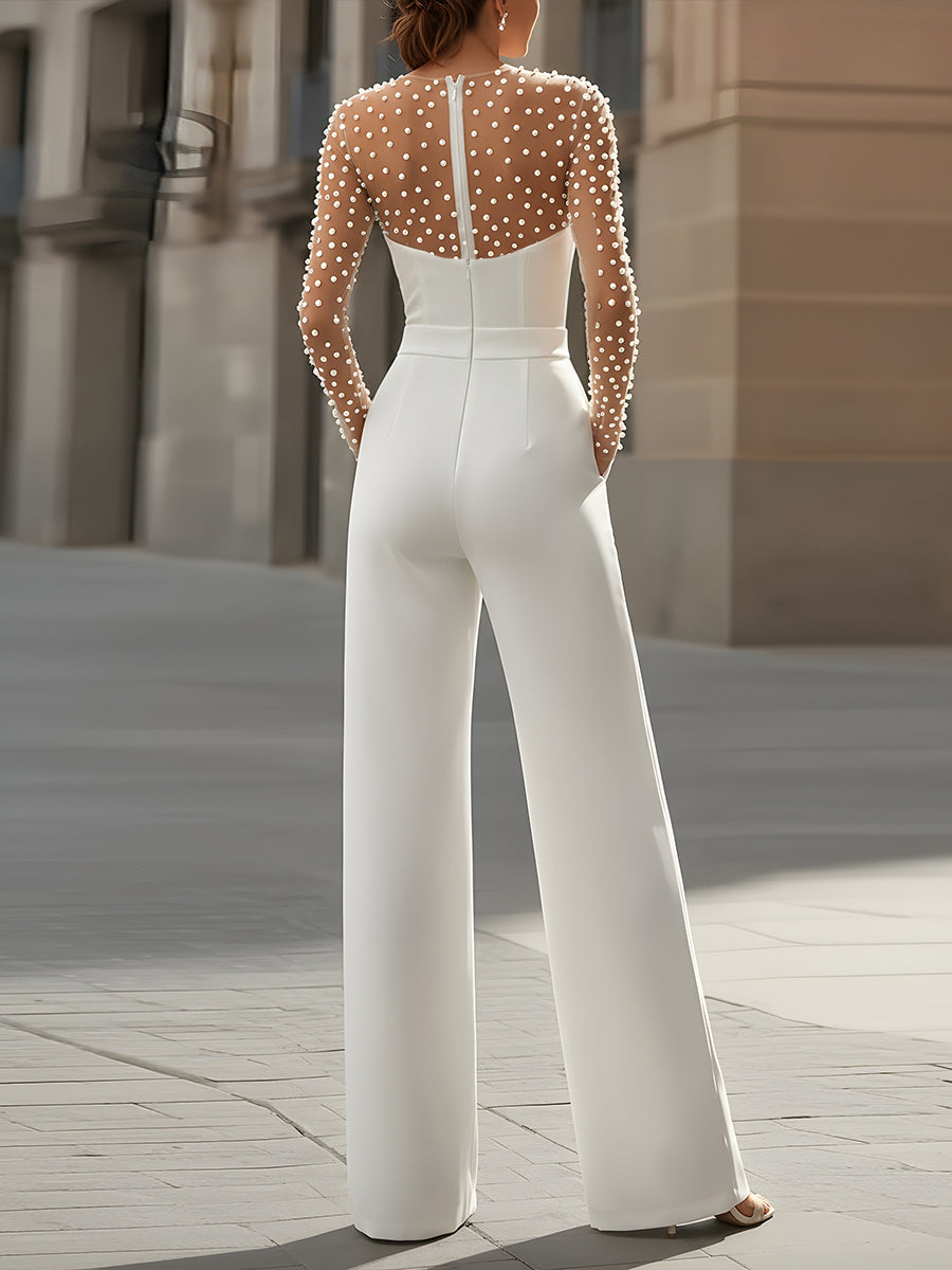 Pearl-Embellished Sheer Bodice White Jumpsuit
