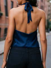 Elegant Navy Satin Cami Top with Lace Trim and V-Neckline