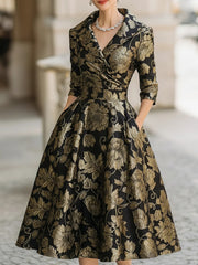 Aura Her's Black & Gold Jacquard Floral Midi Dress