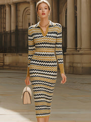 Retro Chevron Print Polo Collar Knit Midi Dress