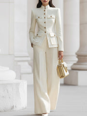 Elegant Cream Military-Inspired Tailored Suit Set With Gold Accents