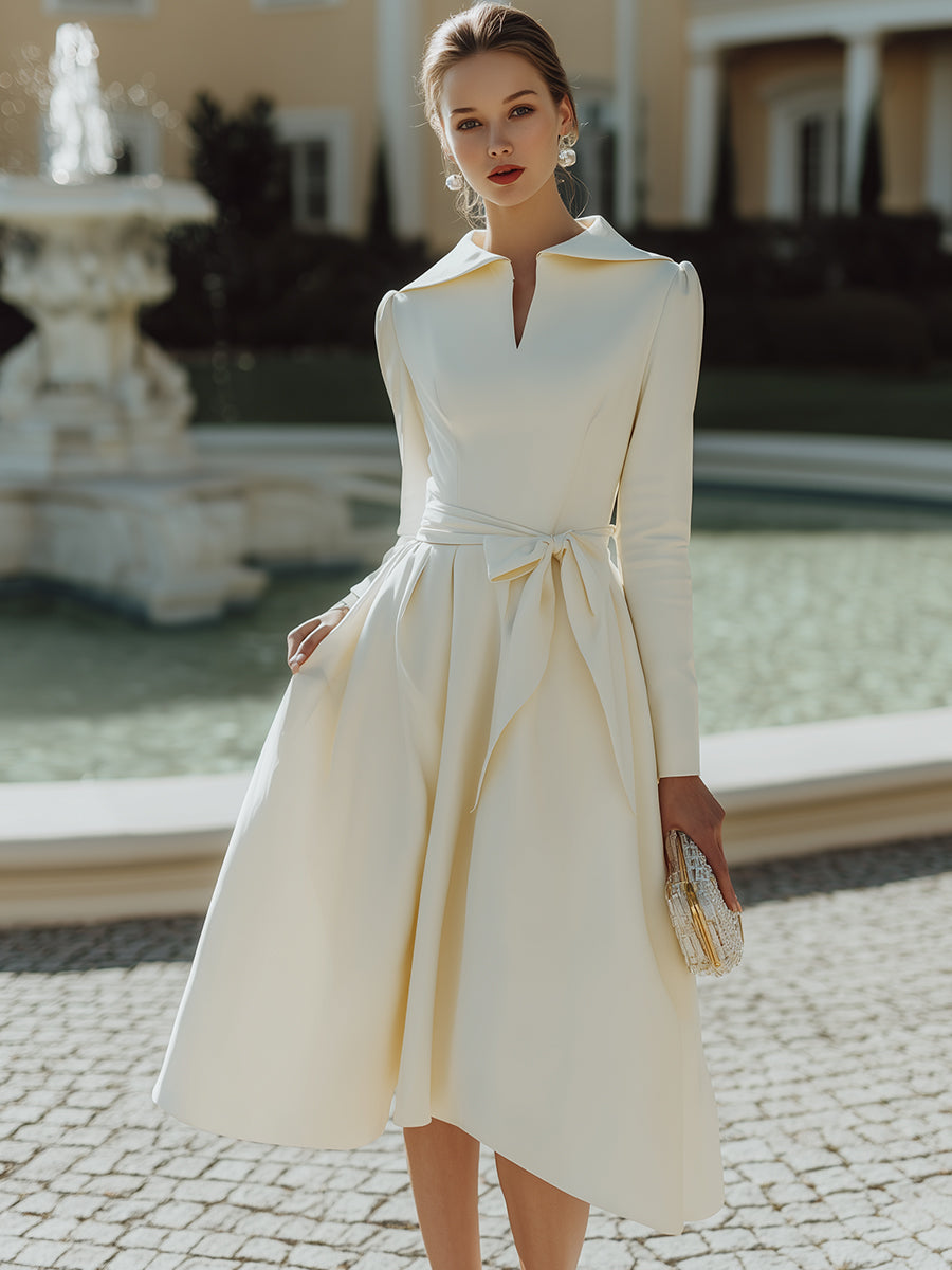 Elegant Asymmetric Collar Midi Dress With Waist Tie