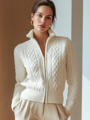 White Cable-Knit Zip Cardigan
