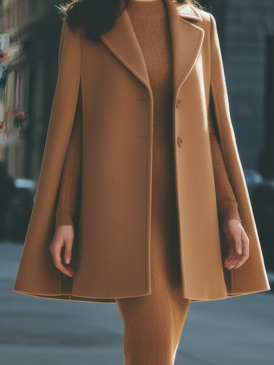 Camel Cape Coat With Structured Lapels