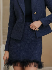 Navy Blue Tweed Skirt Suit With Tulle Hem