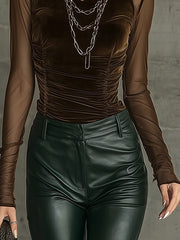 Brown Velvet Mesh Mock Neck Top With Ruched Detailing