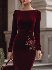 Elegant Burgundy Velvet Boat Neck Midi Dress With Floral Embroidery