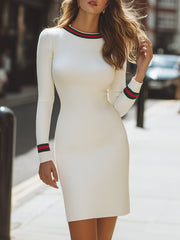 Ivory Ribbed Knit Bodycon Dress With Stripe Trim