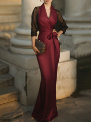 Elegant Draped Evening Gown With Sheer Sleeves