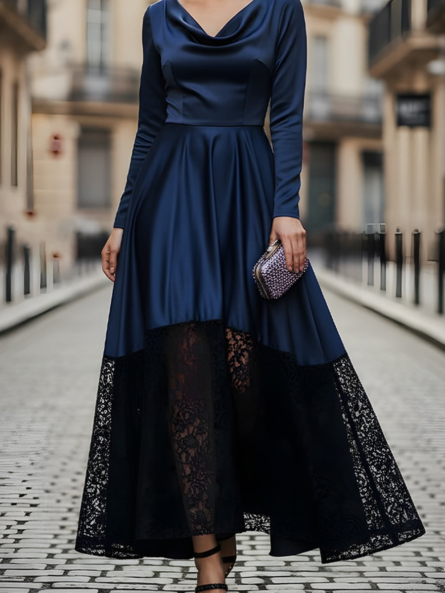 Lace Hem High-Low Draped Satin Evening Dress