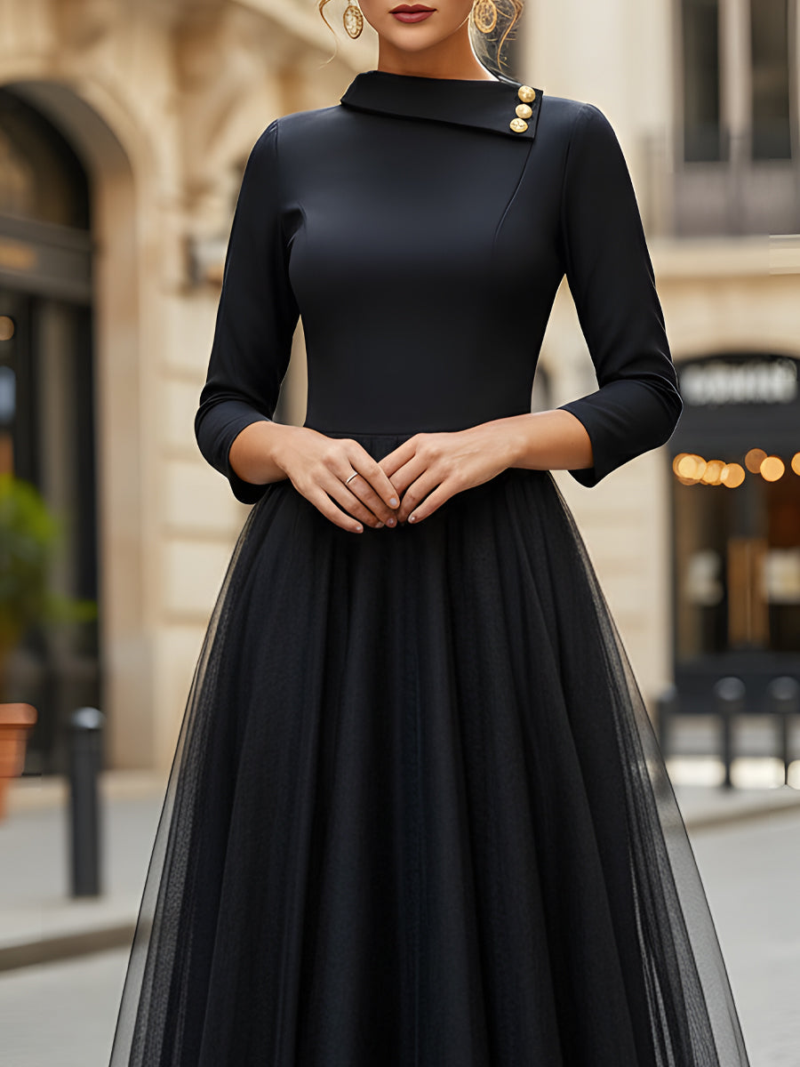 Satin And Tulle A-Line Midi Dress With Gold Button Detail