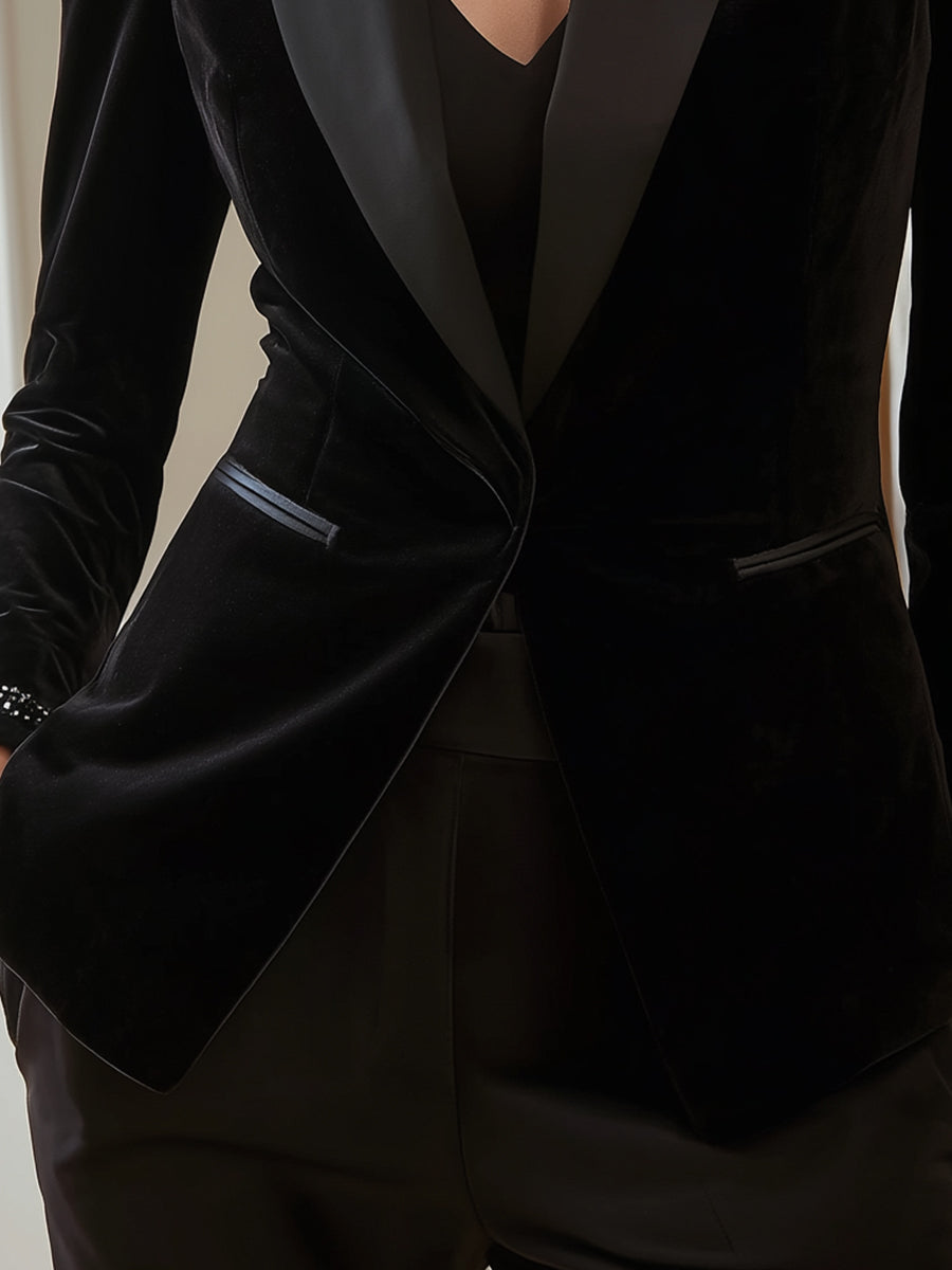 Velvet Evening Blazer With Beaded Collar In Black