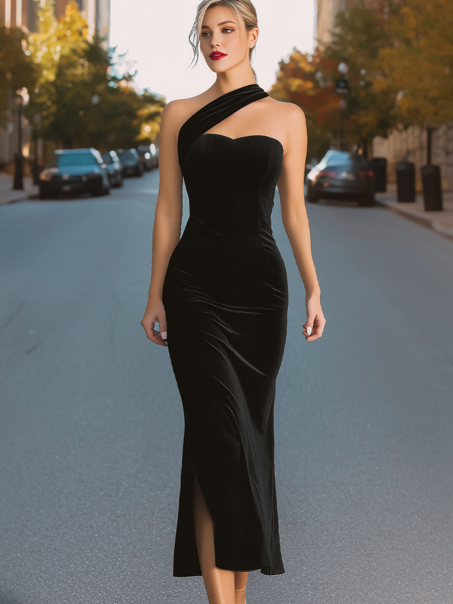 Asymmetric One-Shoulder Velvet Evening Gown