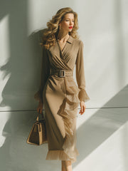Khaki Long-Sleeve Wrap Midi Dress With Pleated Ruffle Trim