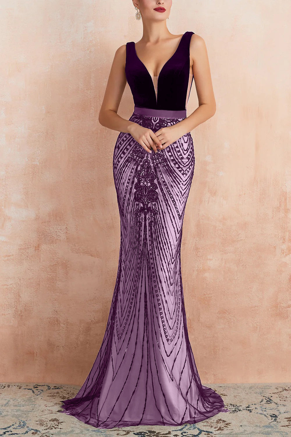 Mermaid Deep V Neck Black Long Prom Dress with Open Back