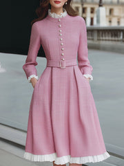 Elegant  Tweed Midi Dress With Pearl Buttons And Pleated Trim