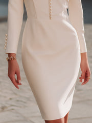 Elegant Pearl-Trim Long-Sleeve Sheath Dress