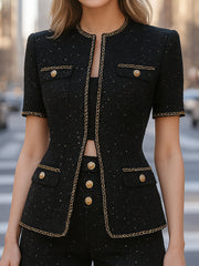 Elegant Tweed Shorts Set With Gold Chain Trim (Top And Shorts Only)