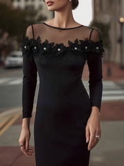 Embellished Floral Appliqué Mesh Yoke Midi Dress