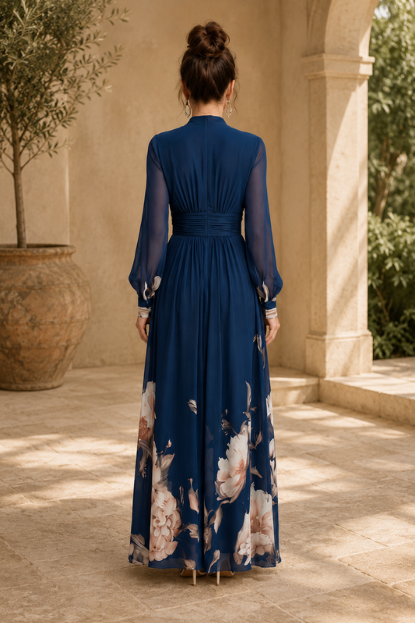 Sheer Sleeve Pleated Maxi Dress