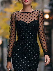 Elegant Black Polka Dot Mesh Panel Sheath Midi Dress For Timeless Glamour