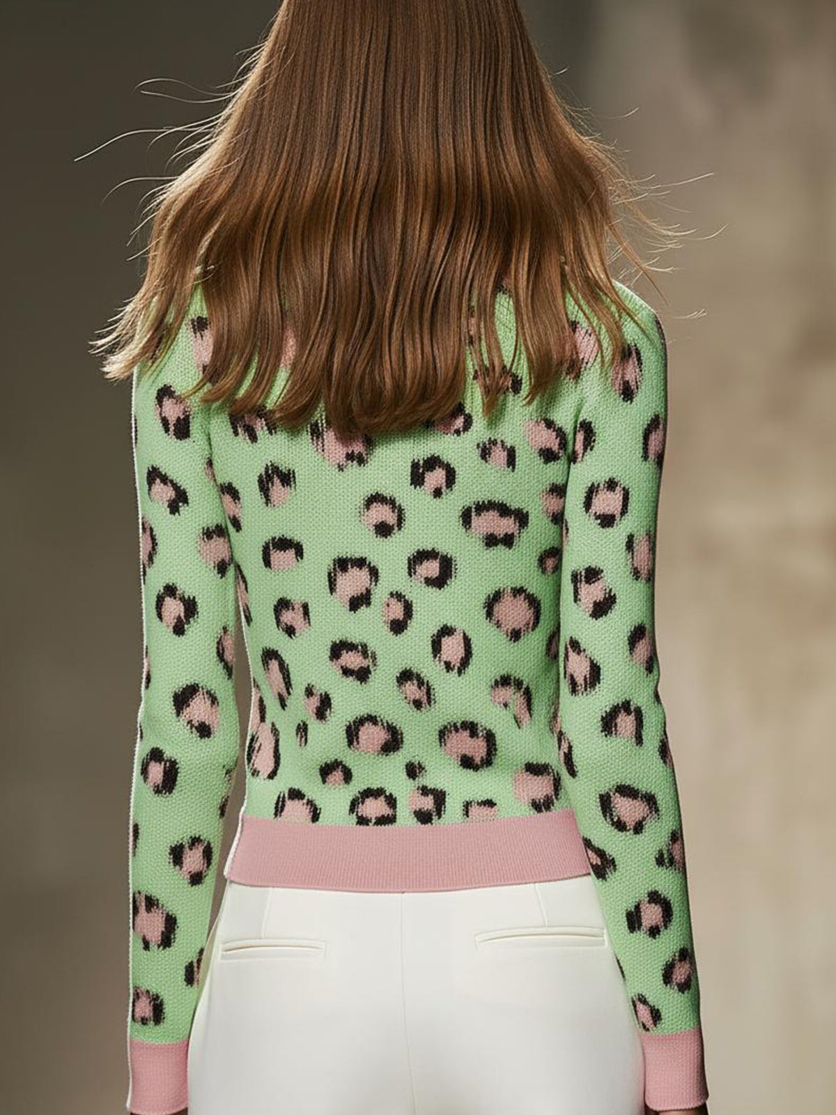 Green Leopard Print Button Up Cardigan With Pink Trim