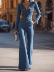Denim Belted Jumpsuit With Flared Legs