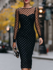 Elegant Black Polka Dot Mesh Panel Sheath Midi Dress For Timeless Glamour
