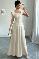 Romantic Pleated Square Neck Midi Dresses