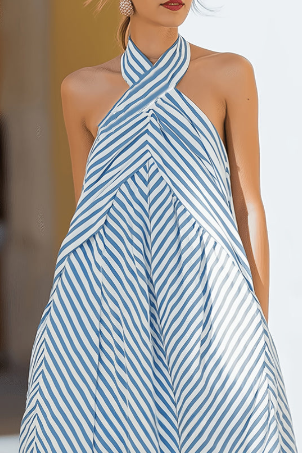 Striped Halter Neck Keyhole Maxi Dresses