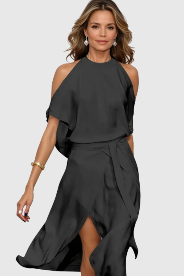 Off Shoulder Asymmetric Midi Dress