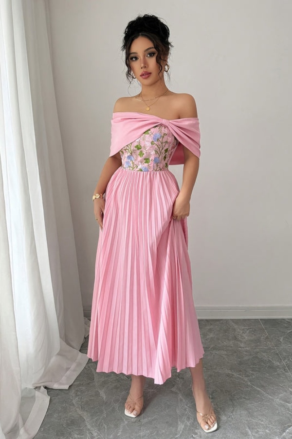 Embroidered One Shoulder Pleated Midi Dresses
