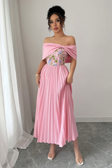 Embroidered One Shoulder Pleated Midi Dresses