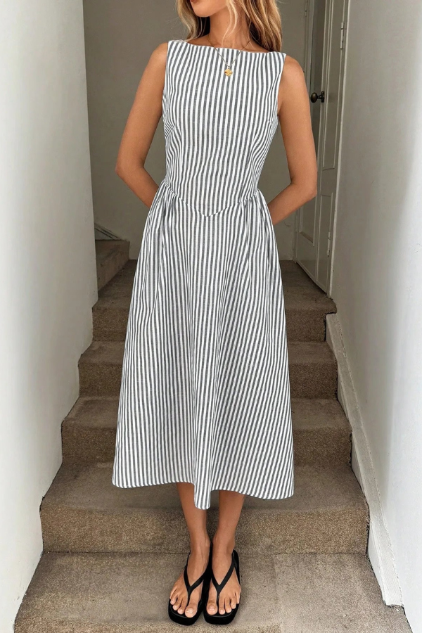 Striped Pleated Halter Neck Midi Dresses